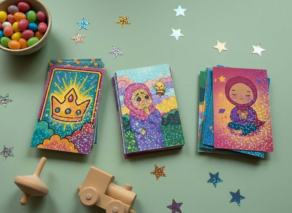 Three stacks of Match the Meaning cards showing crown, character and illustration designs with candy and wooden toys on sage green background